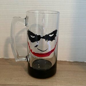 Clear Large Glass Beer Mug with Face Black Emu Eyes Red Lips Smile with Handle